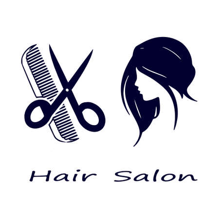 Vector illustration, banner for beauty salons and hairdressing salons, the image of a girl, scissors and a comb on a white backgroundのイラスト素材
