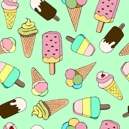 Vector illustration, seamless pattern, sweet ice cream of various types on a turquoise background, great designのイラスト素材