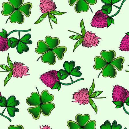 Seamless pattern, vector illustration, pink blooming clover with leaves on a white background, design for textiles, paper and wallpaperのイラスト素材