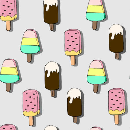 Vector illustration, seamless pattern, sweet ice cream of various types on a light background, great design for paper and textilesのイラスト素材