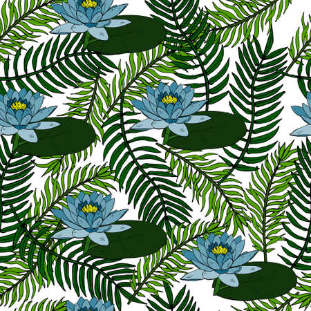 Vector illustration, seamless pattern, blue water lilies and tropical leaves on a light background, design for paper and textileのイラスト素材