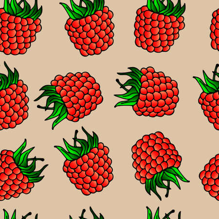 Vector illustration, seamless pattern, ripe red raspberries on a beige background, for textiles and paperのイラスト素材