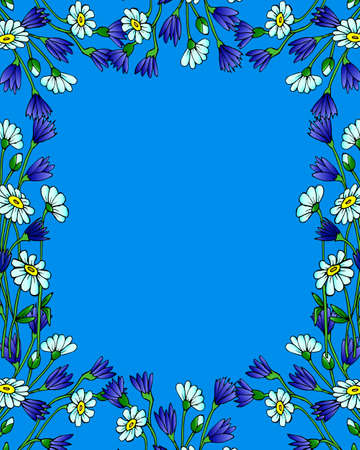 Vector illustration, wedding invitation, card for an inscription, logo, pale blue daisies and blue cornflowers on a blue backgroundのイラスト素材