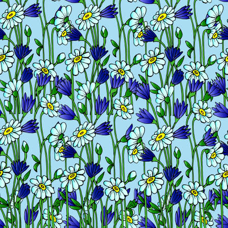 illustration, seamless pattern, pale blue daisies and blue cornflowers on a blue background, for textiles and paperの写真素材