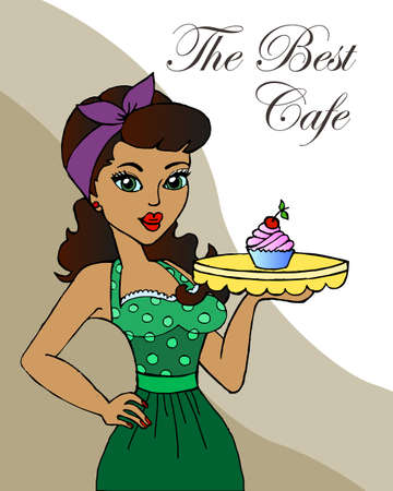 illustration, postcard, logo, poster on the theme of a cafe and public service, a brunette girl with a tray of cakes invites to a cafeのイラスト素材