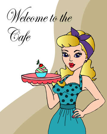 illustration, postcard, logo, poster on the theme of a cafe and public service, a blonde girl with a tray of cakes invites to a cafeのイラスト素材