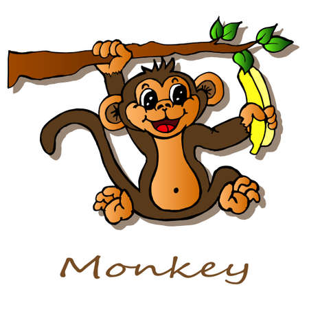 illustration, postcard, logo, poster on the theme of Africa, happy monkey with a banana hanging on a tree, design for paperのイラスト素材