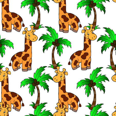 seamless pattern, illustration on the theme of Africa, giraffes and palms on a light background, design for textiles and paperのイラスト素材