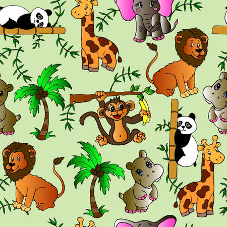 seamless pattern, illustration on the theme of Africa, palm trees, elephant, lion, monkey, runaway, giraffe, design for textiles and paperのイラスト素材