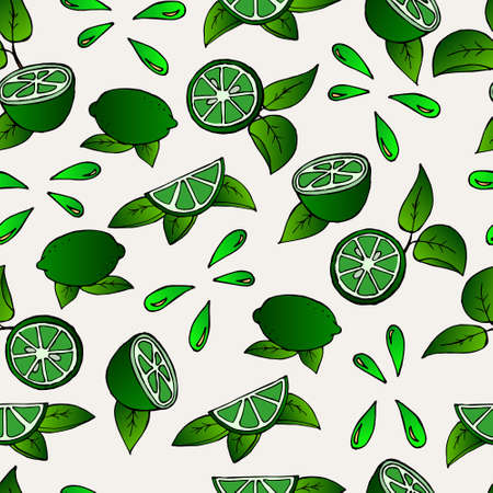 Seamless pattern, illustration, juicy whole and cut limes with green leaves on a light backgroundのイラスト素材