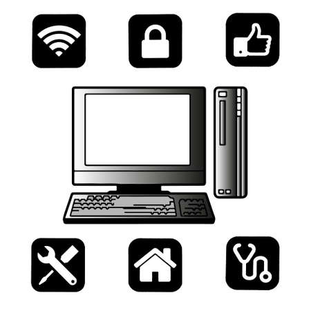 vector illustration, computer and icons for computer repair and parts, black and white designのイラスト素材