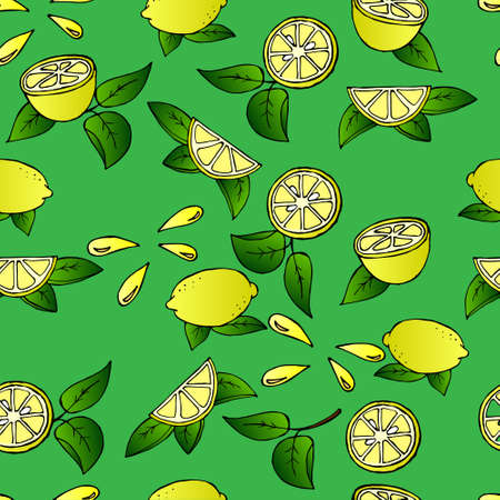 Seamless pattern, illustration, juicy lemons whole and in a cut on a green backgroundのイラスト素材