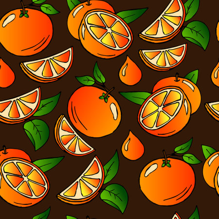Seamless pattern, illustration, juicy whole and cut oranges with green leaves on a brown backgroundの写真素材