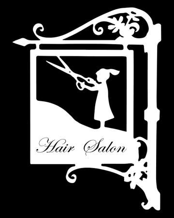 Vector illustration, logo, banner for beauty salons and hairdressing salons, girl with scissors in a hanging frame, black and white designのイラスト素材