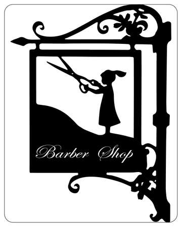 Vector illustration, logo, banner for beauty salons and hairdressing salons, girl with scissors in a hanging frame, black and white designのイラスト素材