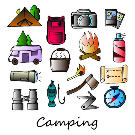 illustration, set of colored icons on the theme of campingのイラスト素材