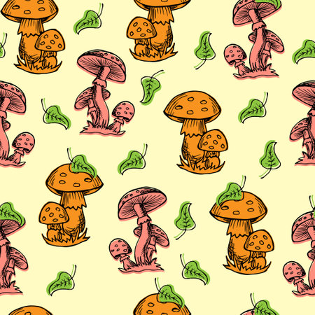 seamless pattern, drawn mushrooms and autumn leaves, for textiles and paperのイラスト素材