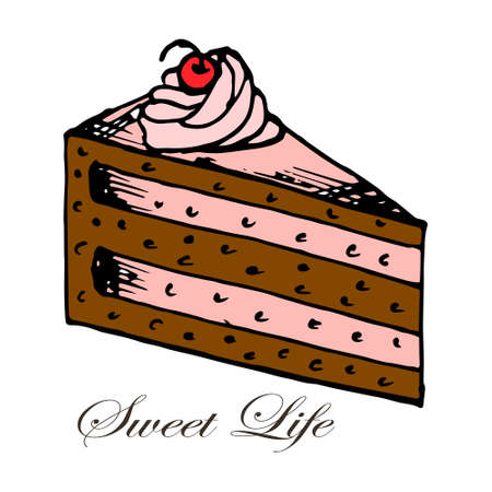 illustration, postcard, pattern, drawn piece of chocolate cake, for food industry