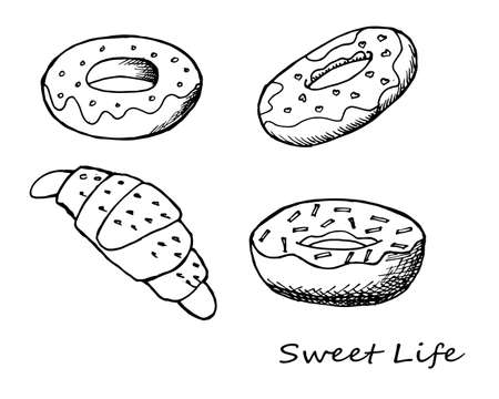 illustration, postcard, drawn contour delicious donuts and croissant, for the food industryのイラスト素材
