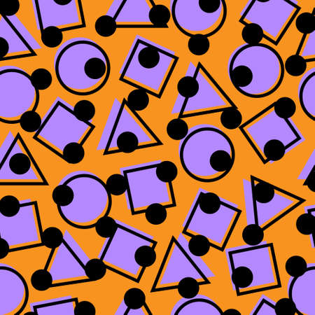 seamless pattern of geometric shapes circle, square and triangle, orange and purpleのイラスト素材