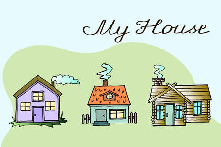 illustration, postcard, multicolored various painted housesのイラスト素材