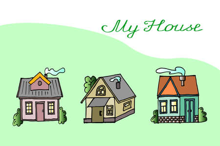 illustration, postcard, multicolored various painted housesのイラスト素材