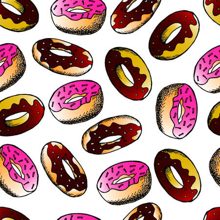 seamless pattern, multicolored chocolate donuts on a white backgroundのイラスト素材