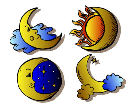 illustration, postcard, volumetric set, symbols of the moon and sun, for wallpaper and textilesのイラスト素材