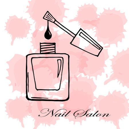 illustration, banner for manicure salon, varnish bottle and brush, pink backgroundのイラスト素材