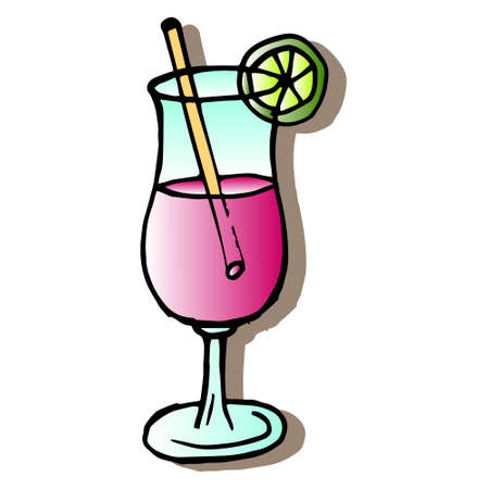 illustration drawn colored glass with cocktail and lemon, summer, vacationのイラスト素材