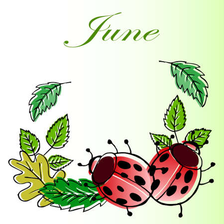 calendar illustration, June, colorful leaves of trees and ladybugs, for paperのイラスト素材