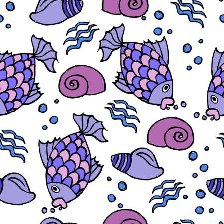 seamless pattern, multicolored fish and shells, hand-drawn, for wallpaper and textileのイラスト素材