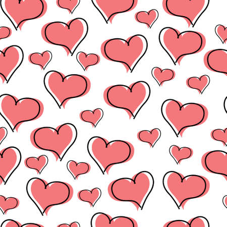 vector illustration, seamless pattern, pink hearts with outline, for wallpaper and textile