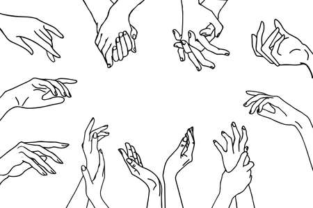 illustration, a set of contour hands of lovers who reach out to each other, for cards, posters, invitations, bannersのイラスト素材