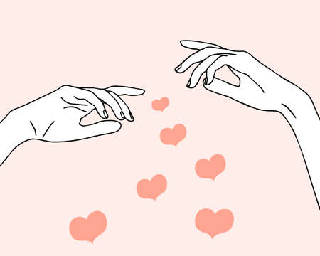 illustration, two hands of lovers, hearts on a pink background, for cards, posters, invitations, bannersのイラスト素材