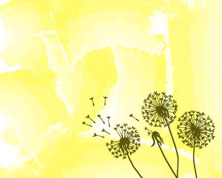 vector illustration, drawn dandelions on a pale yellow watercolor background, design for wallpaper, textiles, cards, postersのイラスト素材