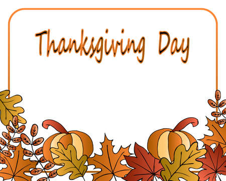 illustration, abstract autumn background, drawn yellow leaves, pumpkins and lettering Thanksgiving day on a light background, for cards, posters, bannersのイラスト素材