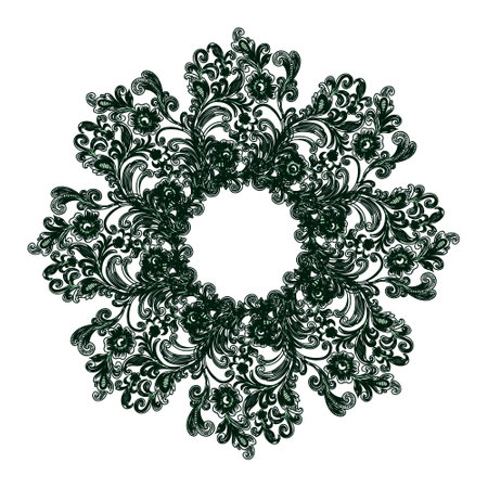 vector illustration, pattern, mandala, green and black floral circular ornament on a white background, retro, for wallpaper, textileのイラスト素材