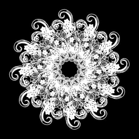vector illustration, pattern, mandala, white floral circular ornament on a black background, retro, for wallpaper, textileのイラスト素材