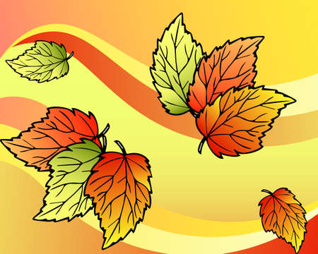 illustration, abstract autumn background, yellow-red falling autumn leaves on colorful waves, for text, poster, banner, postcardのイラスト素材