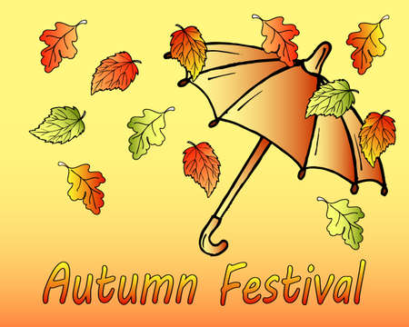 illustration, autumn background for Autumn Festival, umbrella and yellow red falling autumn leaves, poster bannerのイラスト素材