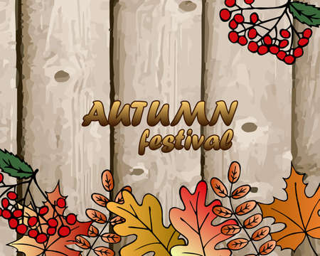 illustration, abstract autumn background, old wood texture with bright autumn leaves, lettering, vintage, for text, banner, posterのイラスト素材