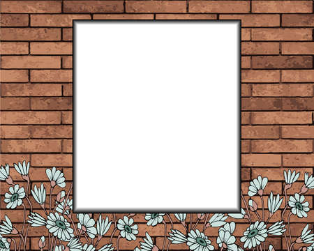 illustration, abstract background, frame for inscriptions on the old brick wall with painted wildflowers, for text, vintage design for posters, bannersのイラスト素材