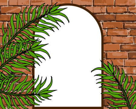 illustration, abstract background, frame for inscriptions on an old brick wall with painted tropical leaves, for text, vintage design for posters, bannersのイラスト素材