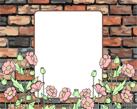 illustration, abstract background, frame for photo and text on old brick wall decorated with painted wildflowers, vintage design for posters, bannersのイラスト素材