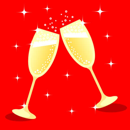 illustration for the New Year, postcard, bright glasses with foaming champagne on a red background with stars, poster, bannerのイラスト素材
