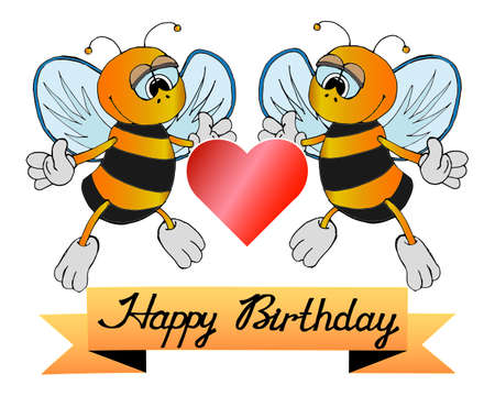 illustration, postcard happy birthday, painted bright bees hold a heart, lettering Happy birthday, postcard, giftのイラスト素材