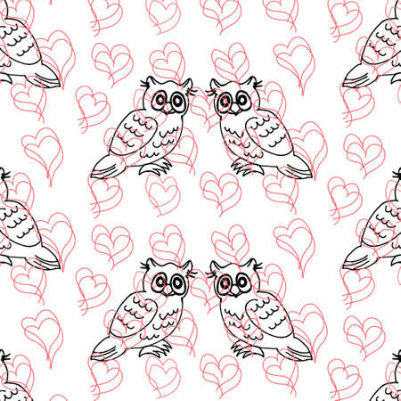 illustration, seamless pattern, hand drawn owl birds on the background of hearts, gentle pastel shades, for linen, textiles, children's clothingのイラスト素材