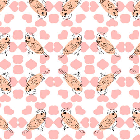 illustration, seamless pattern, hand drawn birds, parrots and pink hearts on a white background, gentle pastel shades, for linen, textiles, children's clothingのイラスト素材