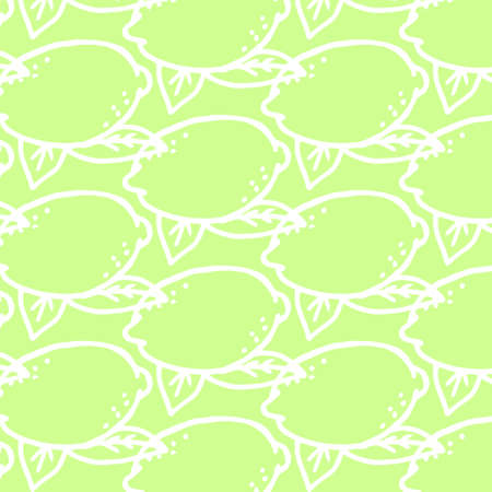 illustration, seamless pattern, hand drawn contour lemons with leaves on a light green background, pastel shades, for paper, textileのイラスト素材
